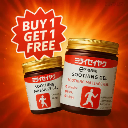 Two jars of soothing massage gel with a 'Buy 1 Get 1 Free' offer on an orange background.