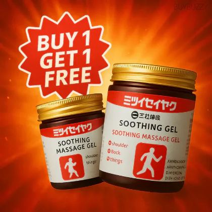 Two jars of soothing massage gel with a 'Buy 1 Get 1 Free' offer on an orange background.